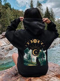 Women's Hoodie Phases Of Moon With Starry Night Forest And Lone Wolf Silhouette
