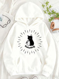 Women's Hoodie Relaxing Morning Sunlight With Playful Black Cat Sitting With Coffee Mug Cat