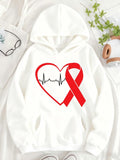 Women's Hoodie Minimalist Red Ribbon With Heartbeat Line Heart Shape