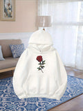 Women's Hoodie Delicate Red Rose Blooming With Lush Green Leaves On White Hoodie