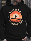 Men's Hoodie Set Your Mind On Things Above Radiant Sunset Sky With Cross On Hill