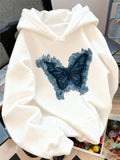 Women's Hoodie Delicate Denim Style Brushstroke Art With Elegant Central Butterfly
