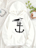 Women's Hoodie Minimalist Seaside Illustration With Bold Anchor And Standing Seagull