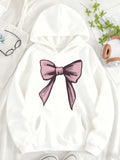 Women's Hoodie Soft Pink Ribbon With Gentle Shading Adorning Cozy White Hoodie Bow