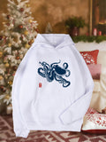 Women's Hoodie Artistic Blue Waves Flowing Gracefully On White Octopus
