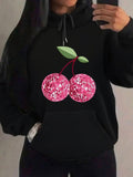 Women's Hoodie Sparkling Pink Glitter Cherries On Glossy Black Sweatshirt