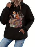 Women's Hoodie Autumn Leaves With Flowers Books And Resting Fox