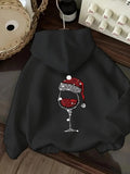 Women's Hoodie Festive Sparkling Red Wine Glass With Santa Hat Design Glass