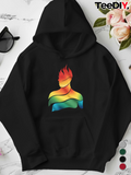 Women's Hoodie Colorful Flames With Gradient Waves Against Silhouette Flame Figure