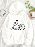 Women's Hoodie Minimalist Outline Sleeping Cat With Floating Hearts Adorable Kitten