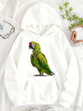 Women's Hoodie Bright Green Feathers Among Soft White Fabric Parrot