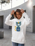 Women's Hoodie Playful Graphic Lines And Cheerful Colors Surrounding Cartoon Cat