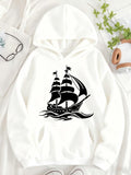 Women's Hoodie Artful Black Ink Illustration With Windy Waves Under Large Majestic Sailing Ship