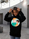 Women's Hoodie Cartoon Couple Hug With Colorful Hearts And Smiling Expressions Love