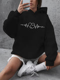 Women's Hoodie Minimalist Heartbeat Pattern With Central Outlined Heart Symbol Hoodie