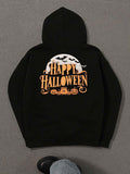 Women's Hoodie Happy Halloween Full Moon With Flying Bats And Carved Pumpkins Hoodie