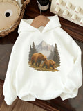 Women's Hoodie Majestic Forest Landscape With Trees And Mountain Behind Brown Bear