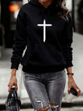 Women's Hoodie Minimalist White Cross Centered On Black Hoodie