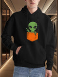 Men's Hoodie Cheerful Green Alien Peeking From Orange Pocket On Black Hoodie Alien
