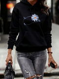 Women's Hoodie White Daisy With Delicate Blue Petals On Minimalist Black Hoodie Flower