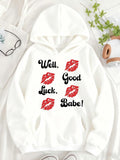 Women's Hoodie Well Good Luck Babe Surrounded By Red Lip Prints Kisses On White Hoodie