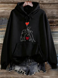 Women's Hoodie Hand Drawn Cats Reaching For Floating Red Heart Graphic Cats