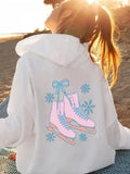 Women's Hoodie Pink Ice Skates With Blue Winter Snowflakes Illustration Skates