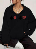 Women's Hoodie Classic Card Symbols With Contrasting Red And Black Styled Icons Heart