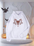 Women's Hoodie Artistic Curved Horn Skull Pattern Under Mysterious Night Sky Skull