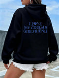 Women's Hoodie I Love My Cougar Girlfriend Bold Blue Lettering On Black Sweatshirt