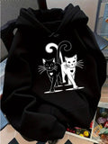 Women's Hoodie Contrasting Monochrome Hearts Under Moonlight With Playful Cats