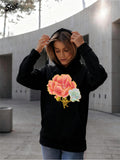 Women's Hoodie Blossoming Petals With Lush Foliage On Midnight Black Hoodie Flower