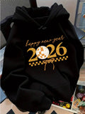 Women's Hoodie Happy New Year Sparkling Gold Checkerboard Ball With Festive Ribbon 2026