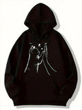 Women's Hoodie Minimalist Line Illustration Of Cat Playing With Butterfly Under Moonlight Cat