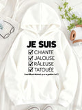 Women's Hoodie WomenS Fleece-Lined Hooded Sweatshirt with French Text Pattern Casual Style with Pocket and Geometric-pattern Details