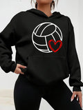 Women's Hoodie Minimalist Linework With Red Heart Embracing Volleyball