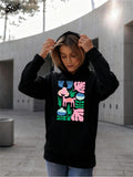 Women's Hoodie Abstract Graphic With Plants Pink Horse And Vibrant Stylized Greenery