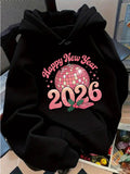Women's Hoodie Happy New Year Shining Pink Disco Ball With Festive Leaves Under Sparkling Glitter 2026