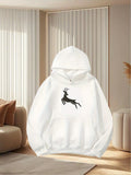 Women's Hoodie Minimalist Black Silhouette Leaping Proud Among Winter Forest Deer