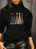 Women's Hoodie Festive Christmas Trees Surrounded By Stars And Candy Cane Stripes Trees