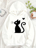 Women's Hoodie Minimalist Whiskered Cat With Curly Tail And Heart Motif Cat