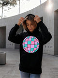Women's Hoodie Vibrant Pastel Geometric Pattern With Reflective Disco Ball
