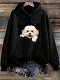 Women's Hoodie Fluffy White Puppy Peeking Out From Cozy Black Hoodie