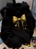 Women's Hoodie Golden Metallic Looking Hearts With Elegant Ribbon Bow Hoodie