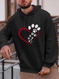 Men's Hoodie Red Heart Outline With White Animal Paw Prints Flowing Paw