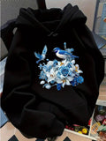 Women's Hoodie Blue Birds Flying Among Blooming Delicate Roses Over Flowers