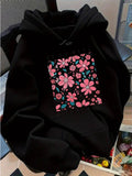 Women's Hoodie Spring Pattern With Pink Blossoms Amid Teal Leaves Framing Single Flower