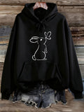 Women's Hoodie Minimalist White Outline Bunny Sitting With Butterfly Hoodie