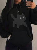 Women's Hoodie Fuzzy Silhouette With Playful Wide Eyed Whimsical Black Cat