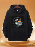 Men's Hoodie Minimalist Sunset Beach Scene With Palm Tree Crescent Moon And Ocean Waves
